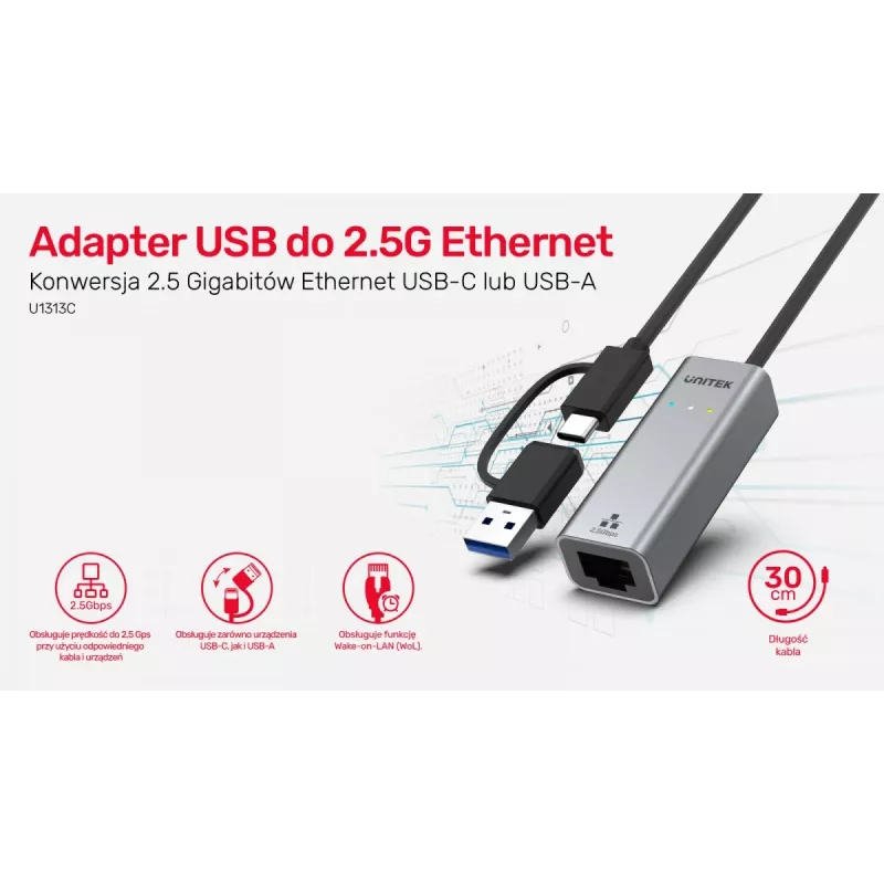 UNITEK Adaptador USB-A/C 3.1 Gen 1 para RJ45 2.5 Gigabit Ethernet U1313C