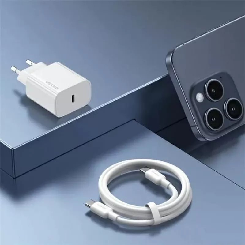 Carregador rápido USAMS Yi Series T65 20W PD com cabo USB-C para USB-C 60W, branco (OYXLTZ01)