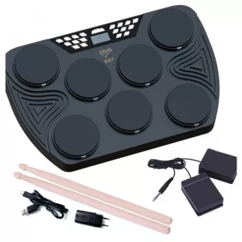 Bateria eletrónica portátil V-TONE ED7 com USB-C, 7 pads de silicone, 2 pedais, 5 kits predefinidos, altifalante incorporado