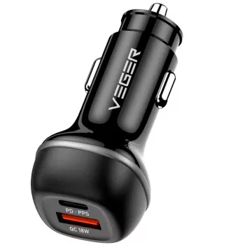 VEGER Carregador de carro USB-A + USB-C QC PD 51W CC62-1A1C Preto