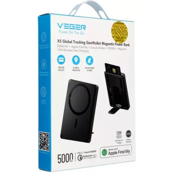 Power bank Veger GeoWallet Tracker X5 5000 mAh 20W PD QC 3.0 MFi MagSafe USB-C - preto