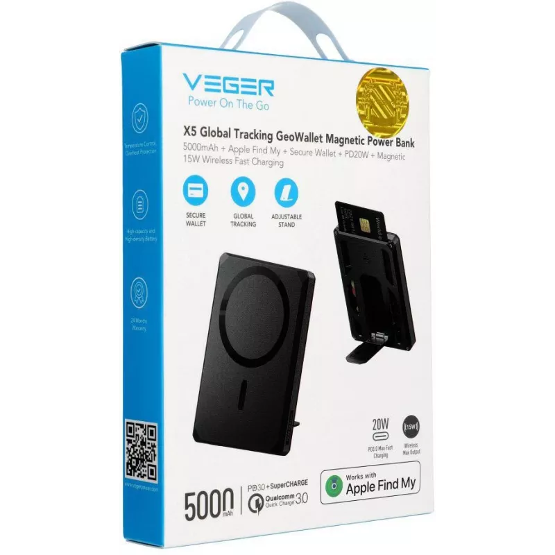 Power bank Veger GeoWallet Tracker X5 5000 mAh 20W PD QC 3.0 MFi MagSafe USB-C - preto