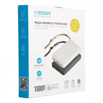 Powerbank Veger MagOn 10000 mAh branca - compatível com MagSafe, PD QC3.0 20W carregamento sem fios