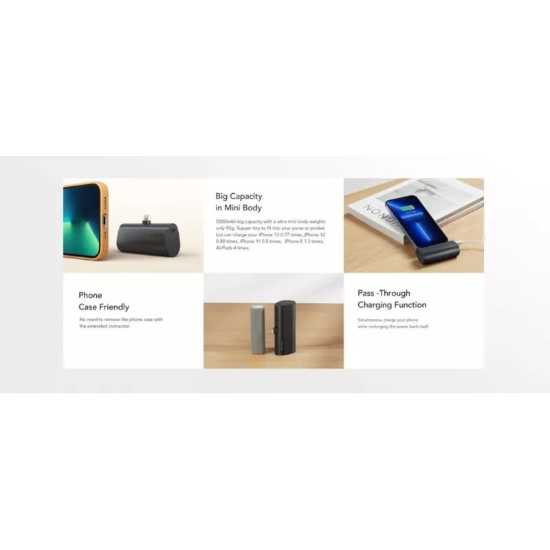 VEGER PlugOn power bank 5000 mAh 20W PD QC3.0 com conector Lightning integrado, preto