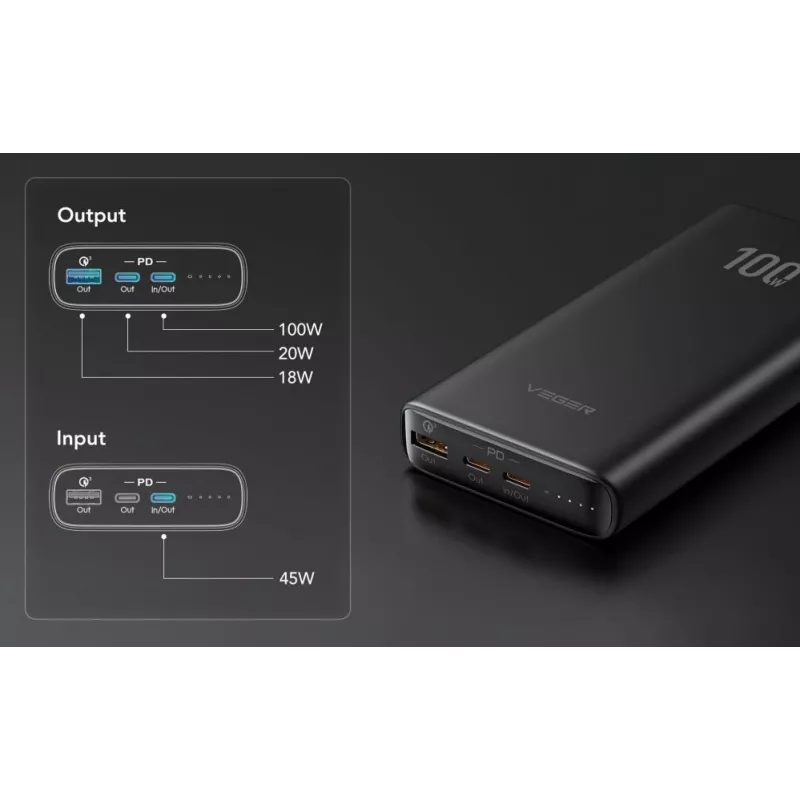 Powerbank Veger T100 (W2032C-100) PD QC3.0 5A 100W 20000 mAh preto