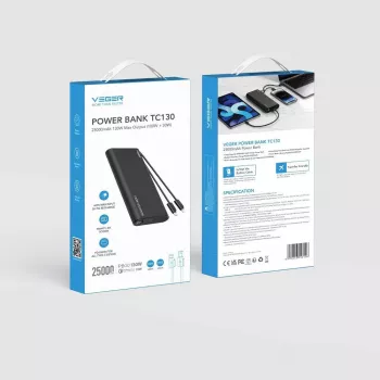 Power bank VEGER TCE130 130W PD 25000mAh com cabos USB-C e Lightning integrados, Preto