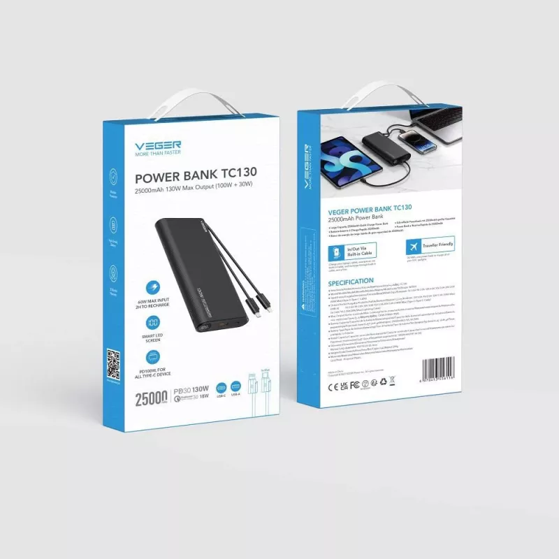 Power bank VEGER TCE130 130W PD 25000mAh com cabos USB-C e Lightning integrados, Preto