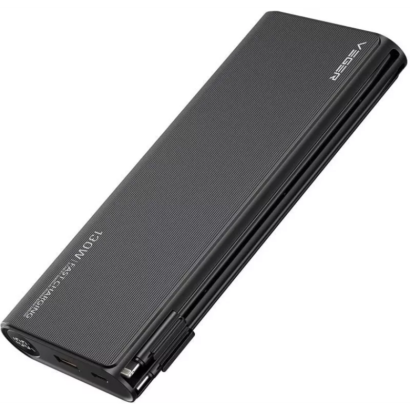 Power bank VEGER TCE130 130W PD 25000mAh com cabos USB-C e Lightning integrados, Preto