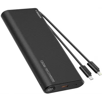 Power bank VEGER TCE130 130W PD 25000mAh com cabos USB-C e Lightning integrados, Preto