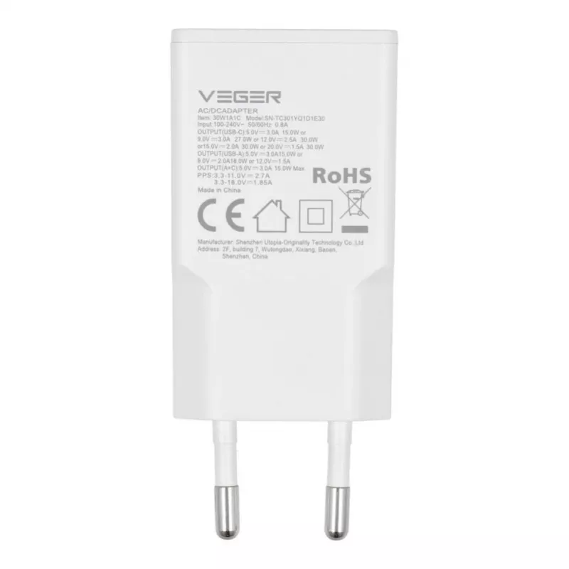 VEGER Carregador de parede USB-A + USB-C QC PD 30W 30W1A1C branco