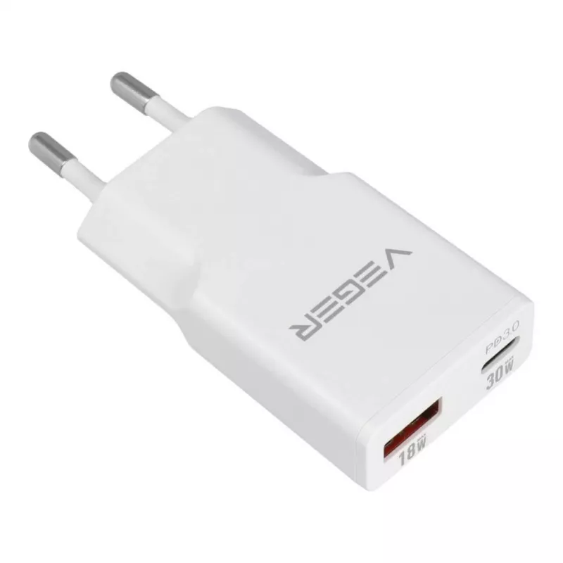 VEGER Carregador de parede USB-A + USB-C QC PD 30W 30W1A1C branco