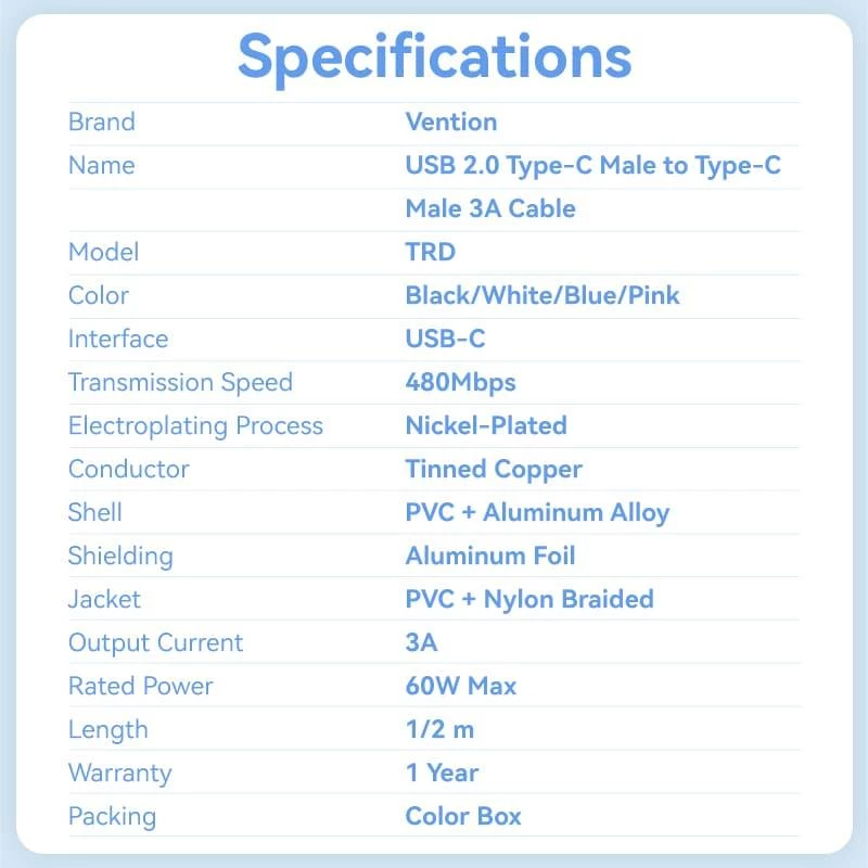 VENTION TRDBF cabo USB-C para USB-C 1m preto