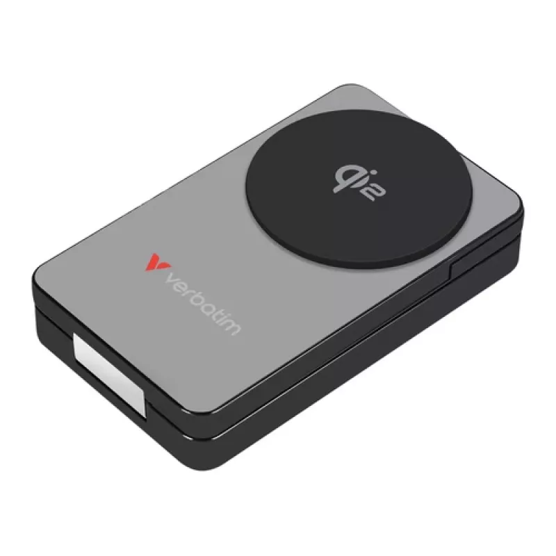 Power bank Verbatim Charge 'n' Go Qi2 10000 mAh, suporte magnético, cinzento