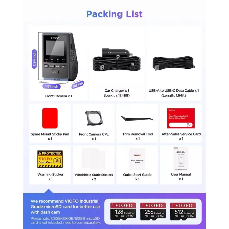 VIOFO A119M Pro dashcam 2K QHD com Sony STARVIS 2 IMX675, GPS e Wi-Fi integrados, supercondensador, campo de visão de 140°, ecrã de 1,5