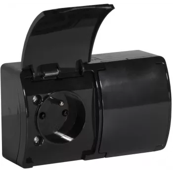 Tomada dupla VIPLAST KOALA com contacto de proteção e tampa basculante, preta, IP44, 16A, 230V, 2 tomadas