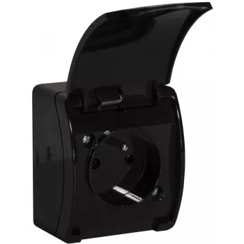 VIPLAST KOALA Tomada individual de montagem à superfície com contacto de proteção e tampa basculante, preto, IP44, 16A, 250V, 2P+E