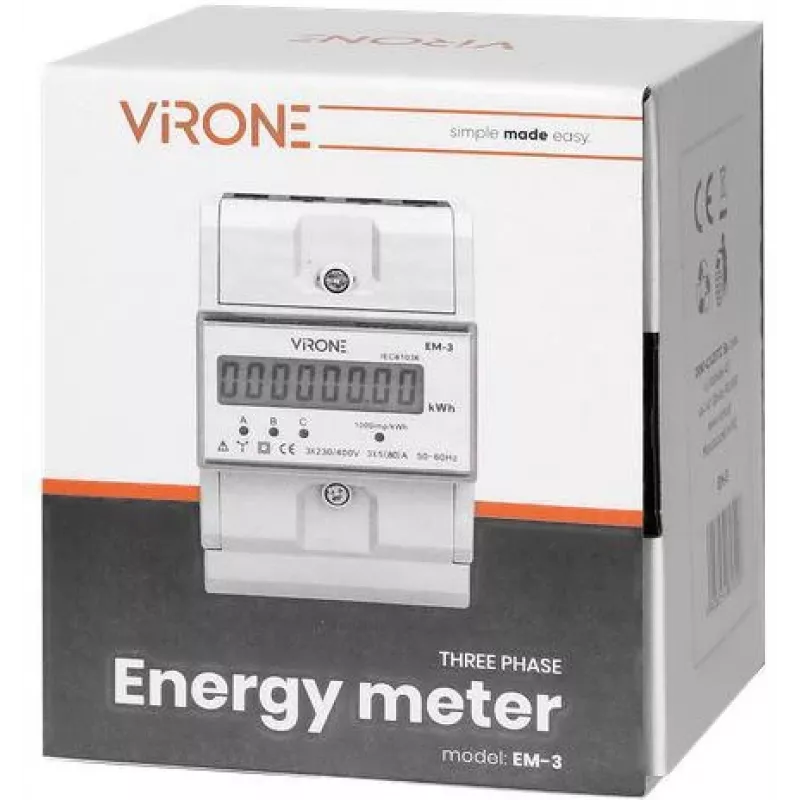 Contador de energia trifásico Virone EM-3, 80A, 3 módulos, calha DIN TH-35mm
