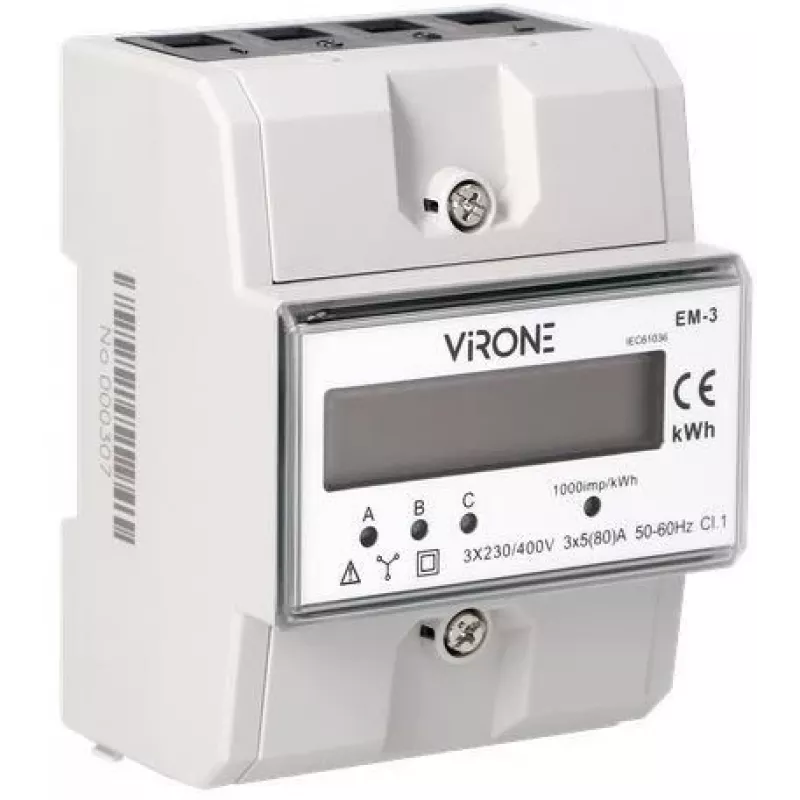 Contador de energia trifásico Virone EM-3, 80A, 3 módulos, calha DIN TH-35mm