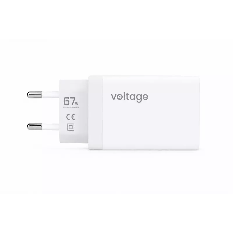 Carregador de parede Voltage GaN 67W, 2x USB-C e 1x USB-A, PD 3.0, QC 3.0, PPS, ficha EU, branco