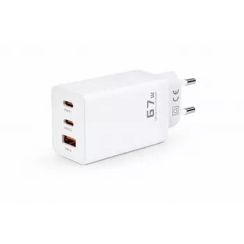 Carregador de parede Voltage GaN 67W, 2x USB-C e 1x USB-A, PD 3.0, QC 3.0, PPS, ficha EU, branco