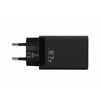 Carregador de parede Voltage GaN 67W, PD 3.0 / QC 3.0, 2x USB-C e 1x USB-A, ficha EU, preto