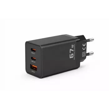 Carregador de parede Voltage GaN 67W, PD 3.0 / QC 3.0, 2x USB-C e 1x USB-A, ficha EU, preto