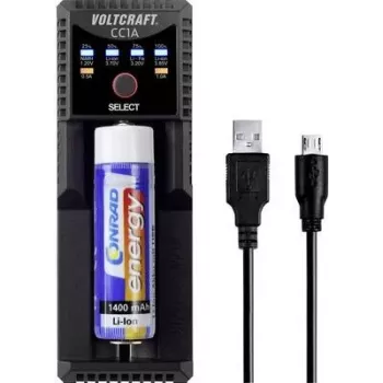 Carregador universal de células redondas VOLTCRAFT CC1A para NiMH, Li-Ion, LiFePO4, NiCd - 1 posto de carregamento, alimentado por USB, compatível com AA, AAA, C, 10440, 14500, 16340