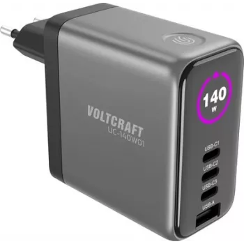 VOLTCRAFT UC-140W01 Carregador de parede GaN USB-C PD 140W com 3x USB-C e 1x USB-A, preto VC-17776050