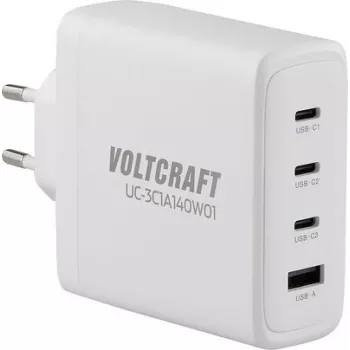 VOLTCRAFT UC-3C1A140W01 carregador USB GaN 140 W PD 3.1, 3x USB-C, 1x USB-A, branco