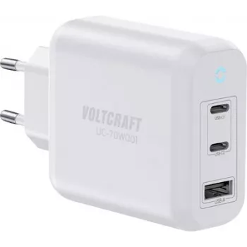 VOLTCRAFT UC-70W001 Carregador de Parede GaN USB 70W 2x USB-C PD 3.2 + 1x USB-A Carregamento Rápido Branco VC-18791125