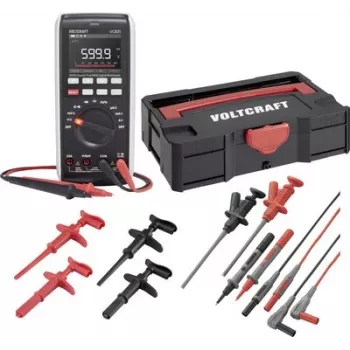 Conjunto de multímetro digital True RMS Voltcraft VC-831 com T-Loc Systainer, cabos de medição, pinças de crocodilo, pinças de gancho e sensor de temperatura tipo K 3342859+2181316+1674350+167435