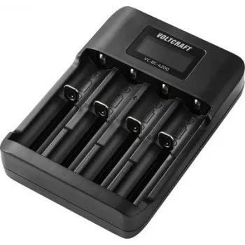 VOLTCRAFT VC-BC-4200 Carregador universal de células redondas para baterias NiMH e Li-Ion, 4 compartimentos de carga independentes, ecrã LCD, suporta AA, AAA, AAAA, 10440, 14500, 16340, 17500, 17670, 18350, 18490, 18650 VC-17665935