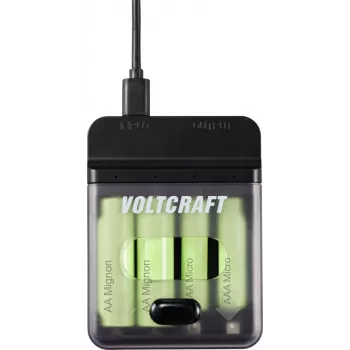 Voltcraft VC-BC4-PB1 Carregador de bateria NiMH e powerbank 2 em 1 para 4x AA/AAA, 500mA, entrada USB-C, saída USB-A, preto