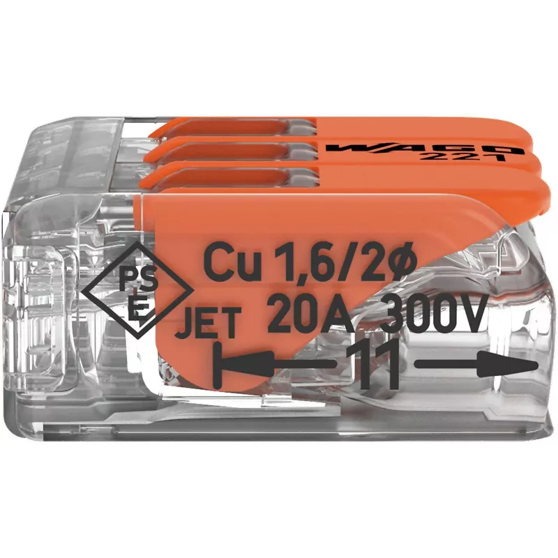 Conector de ligação WAGO 221-413 COMPACT, 3 condutores, 0,2–4 mm², transparente, pack de 50