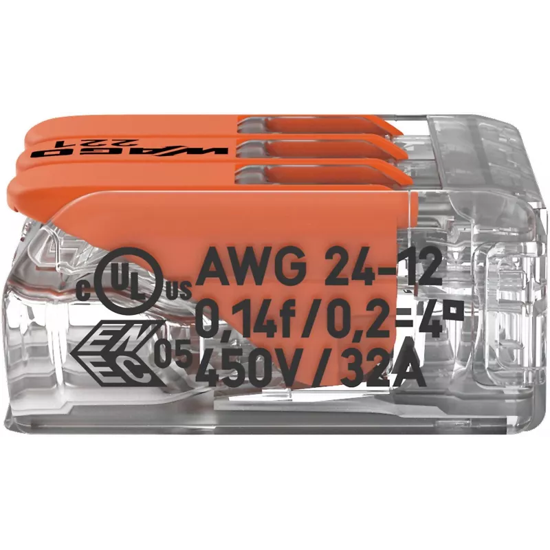 Conector de ligação WAGO 221-413 COMPACT, 3 condutores, 0,2–4 mm², transparente, pack de 50