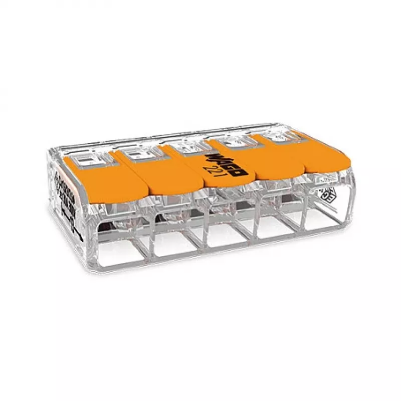 Conector de alavanca WAGO 221-615 5 condutores, terminal de ligação compacto, 450 V, 32 A, transparente/laranja