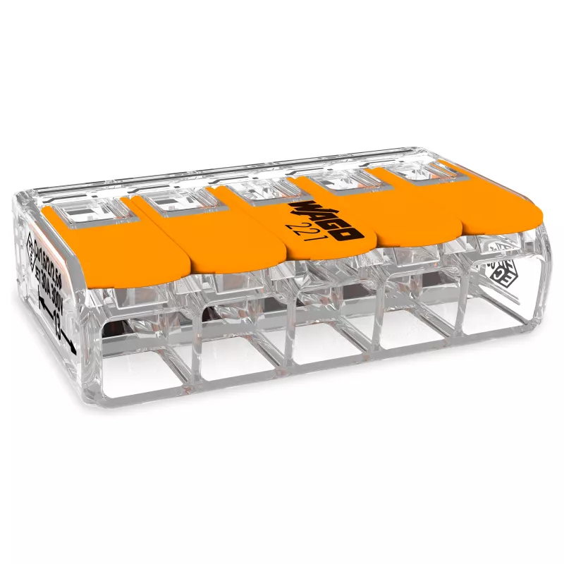 Conector de alavanca WAGO 221-615 5 condutores, terminal de ligação compacto, 450 V, 32 A, transparente/laranja