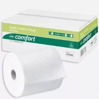 WEPA Comfort Rolo de toalhas de mão, 2 folhas, branco extra, gofrado em linhas, cola de núcleo azul, 205 mm de largura, 150 m de comprimento, 6 rolos (316800)