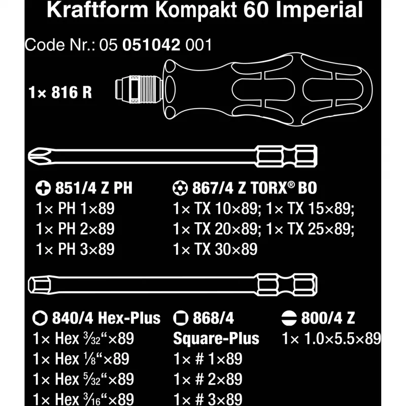 Wera Conjunto de 17 peças Kraftform Kompakt 60 com pontas, fenda, Phillips, Pozidriv, TORX BO 05051042001
