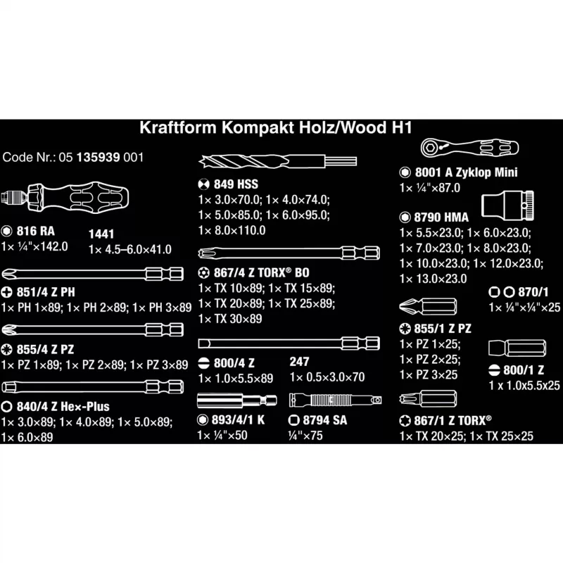 Wera Kraftform Kompakt H 1 Woodcraft punho de chave de fendas com 12 bits mistos - Hex, Phillips, Pozidriv, Torx