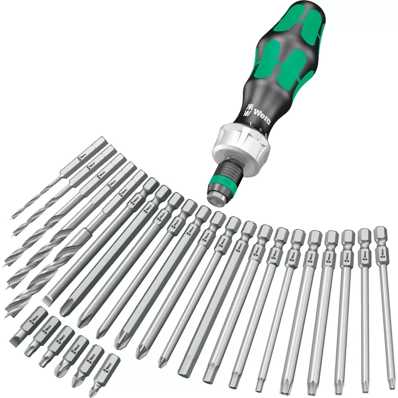 Wera Kraftform Kompakt H 1 Woodcraft punho de chave de fendas com 12 bits mistos - Hex, Phillips, Pozidriv, Torx