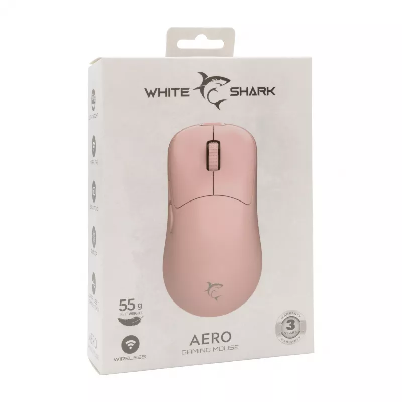 Rato gaming sem fios White Shark AERO PINK (rosa, 10000 DPI, 2,4 GHz/USB-C)