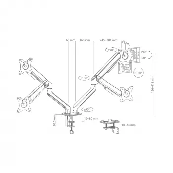 Suporte para dois monitores White Shark AKHENATEN-II GMS-3212 – mola a gás, fixação por grampo/por furo na mesa, 17-32