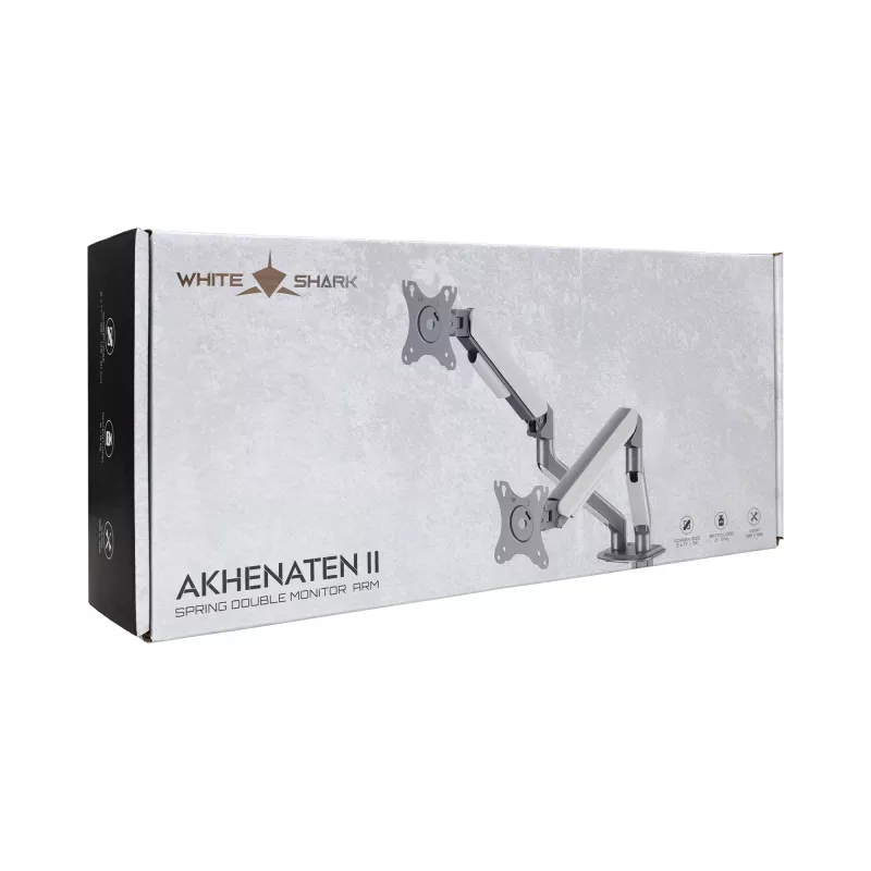 Suporte para dois monitores White Shark AKHENATEN-II GMS-3212 – mola a gás, fixação por grampo/por furo na mesa, 17-32