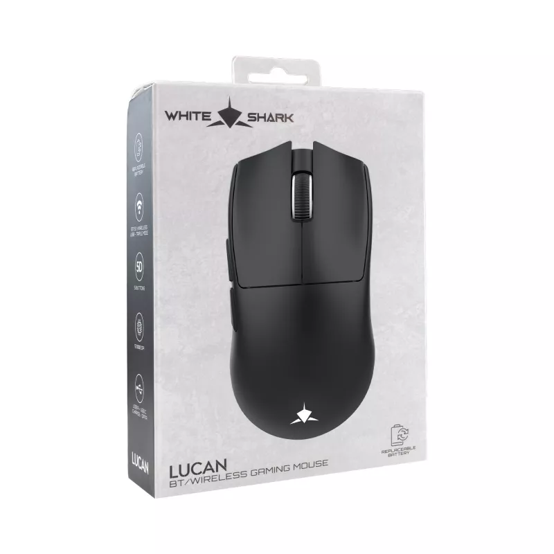 White Shark LUCAN-B WGM-5022 rato gaming sem fios, 12000 DPI, de três modos, recarregável, branco