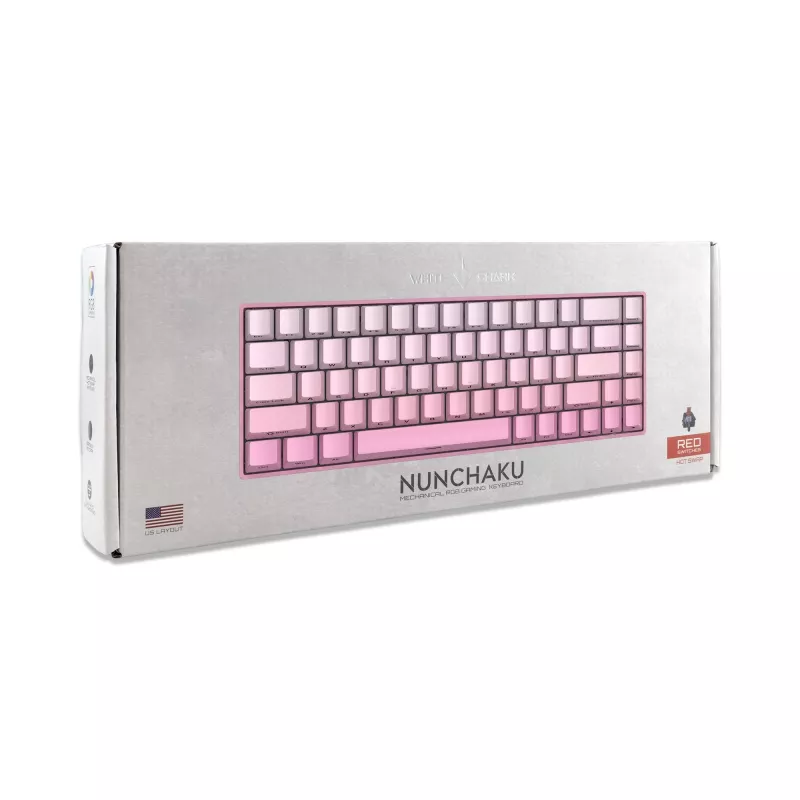 Teclado gaming mecânico White Shark NUNCHAKU-P-US-RED.SW TKL - 87 teclas, switches Outemu Red, iluminação RGB, rosa