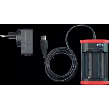 WIHA 41915 Carregador USB para baterias de iões de lítio, 2 slots, entrada 5V DC, saída 3,6V DC, 1A por slot, indicador LED, preto/vermelho