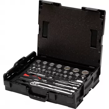 WIHA 44685 conjunto de chaves de caixa e bits 1/4 polegadas & 1/2 polegadas, 60 peças com 2 catracas e punho de chave de fendas, em L-BOXX