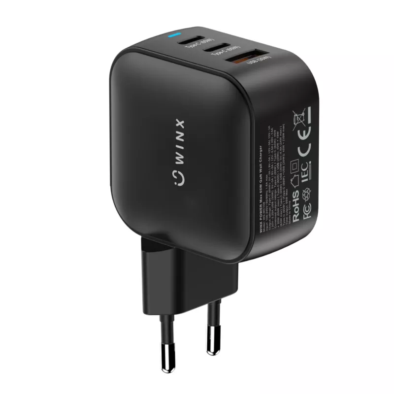Carregador de parede WINX POWER Max 65W GaN - 2x USB-C PD, 1x USB-A QC, preto