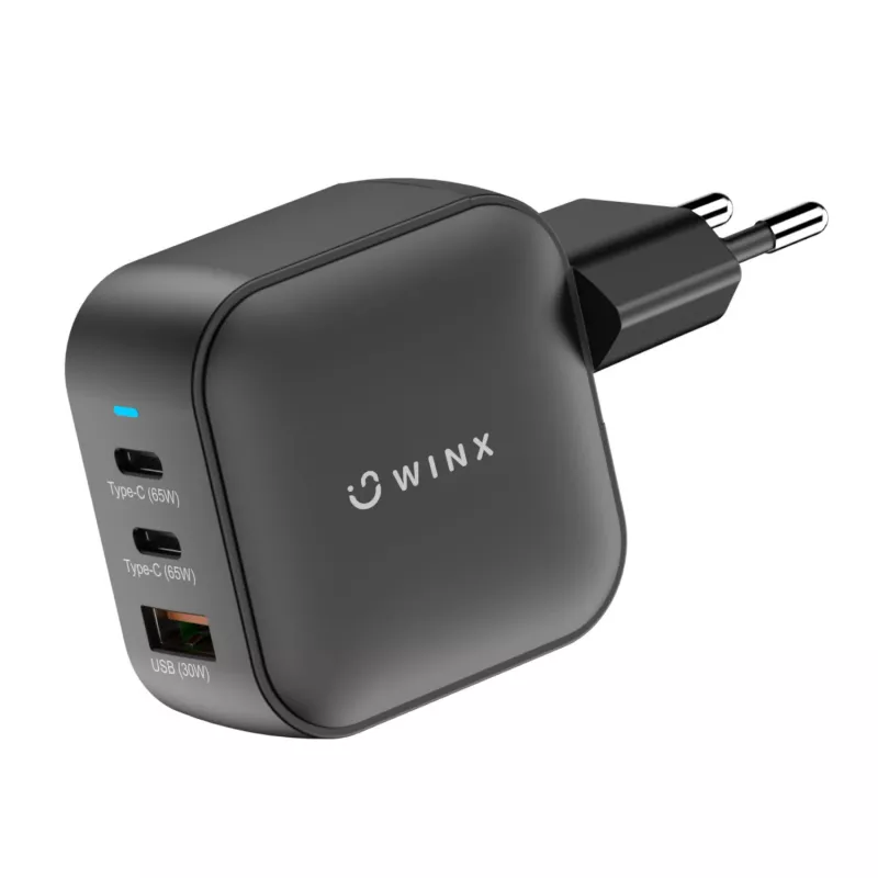 Carregador de parede WINX POWER Max 65W GaN - 2x USB-C PD, 1x USB-A QC, preto